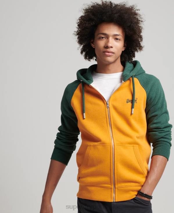 Superdry Hommes sweat à capuche zippé baseball logo essentiel en coton bio D64Z803 vêtements or