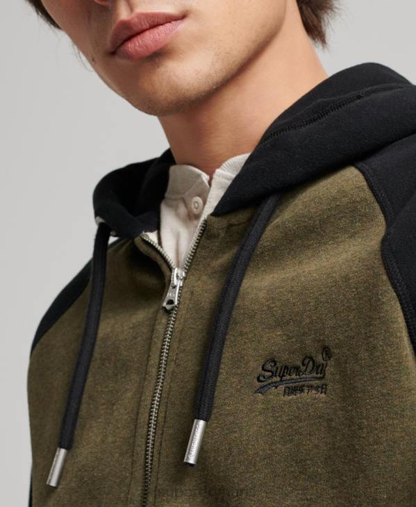 Superdry Hommes sweat à capuche zippé baseball logo vintage brodé D64Z723 vêtements vert