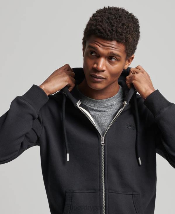 Superdry Hommes sweat à capuche zippé en coton bio avec logo vintage brodé D64Z516 vêtements noir