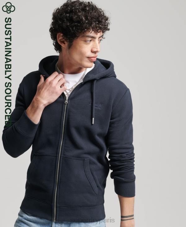 Superdry Hommes sweat à capuche zippé en coton bio avec logo vintage brodé D64Z5183 vêtements marine