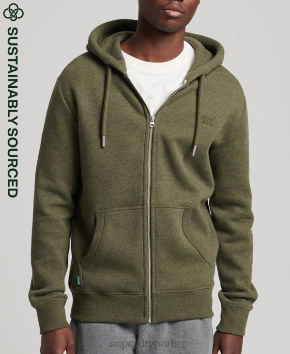 Superdry Hommes sweat à capuche zippé en coton bio avec logo vintage brodé D64Z545 vêtements kaki
