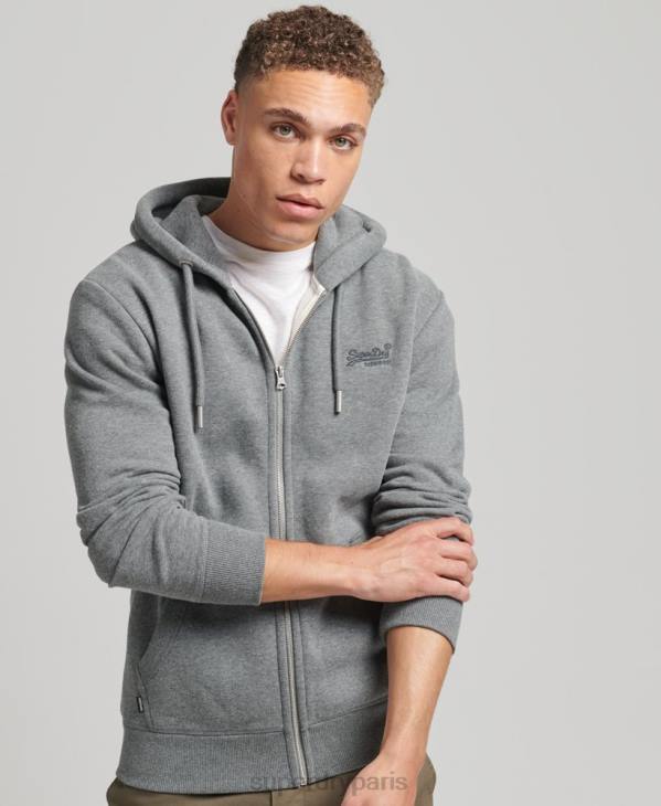 Superdry Hommes sweat à capuche zippé en coton bio avec logo vintage brodé D64Z577 vêtements gris