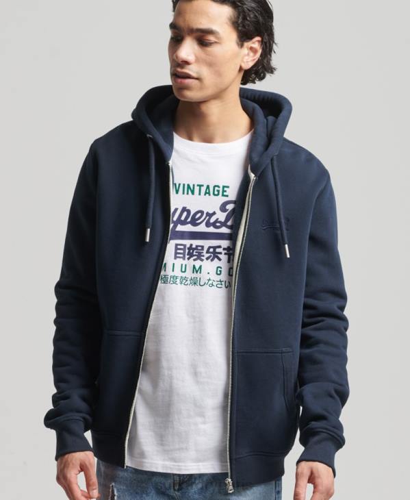 Superdry Hommes sweat à capuche zippé en coton bio avec logo vintage brodé D64Z626 vêtements marine