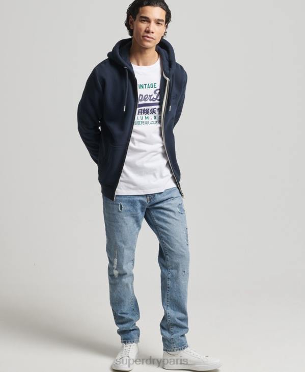 Superdry Hommes sweat à capuche zippé en coton bio avec logo vintage brodé D64Z626 vêtements marine