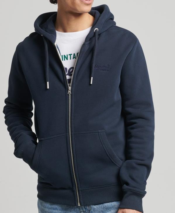 Superdry Hommes sweat à capuche zippé en coton bio avec logo vintage brodé D64Z626 vêtements marine