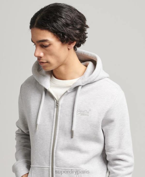 Superdry Hommes sweat à capuche zippé en coton bio avec logo vintage brodé D64Z641 vêtements gris clair