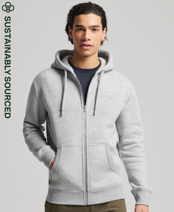 Superdry Hommes sweat à capuche zippé en coton bio avec logo vintage brodé D64Z652 vêtements gris