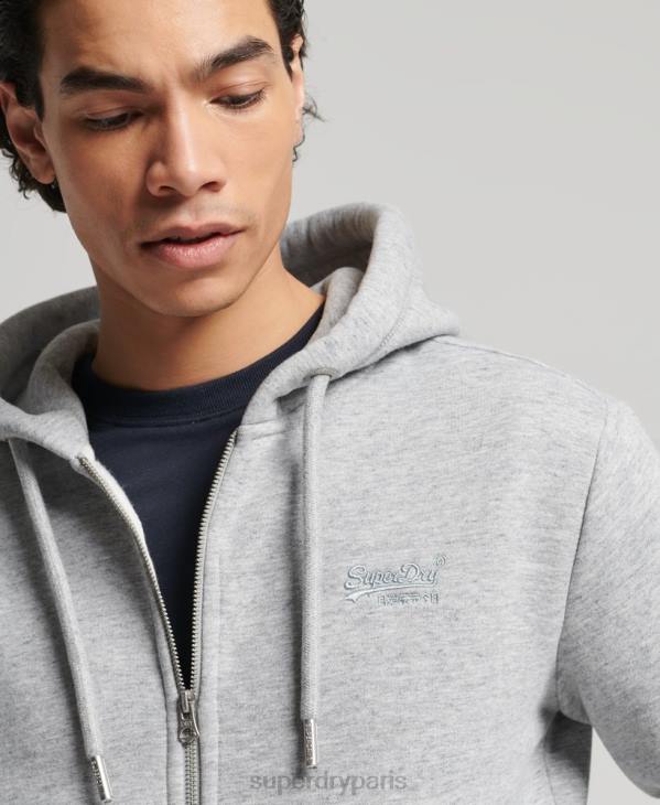 Superdry Hommes sweat à capuche zippé en coton bio avec logo vintage brodé D64Z652 vêtements gris