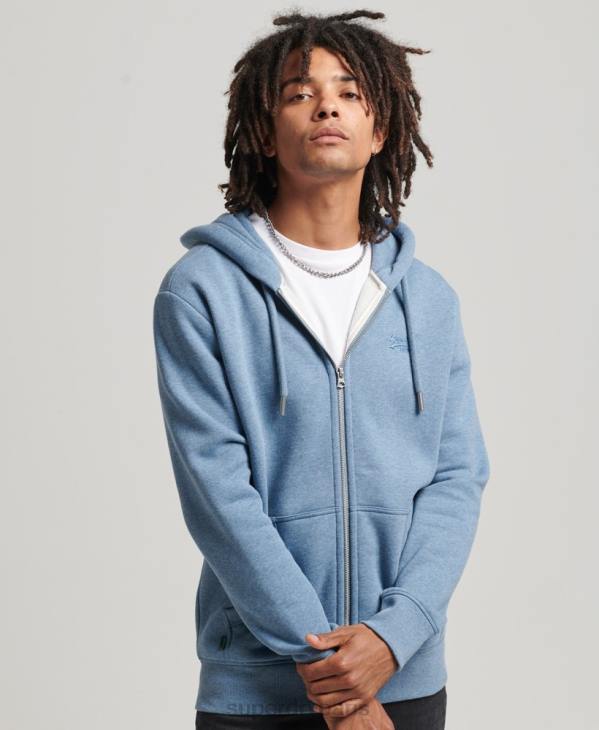 Superdry Hommes sweat à capuche zippé en coton bio avec logo vintage brodé D64Z704 vêtements bleu clair