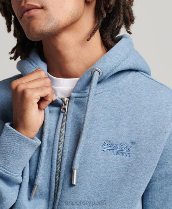 Superdry Hommes sweat à capuche zippé en coton bio avec logo vintage brodé D64Z704 vêtements bleu clair