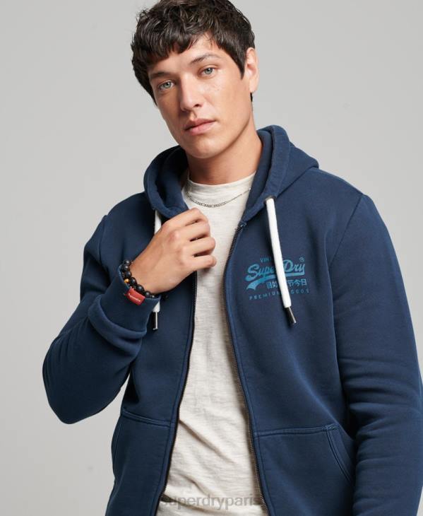 Superdry Hommes sweat à capuche zippé fluo à logo vintage D64Z456 vêtements marine