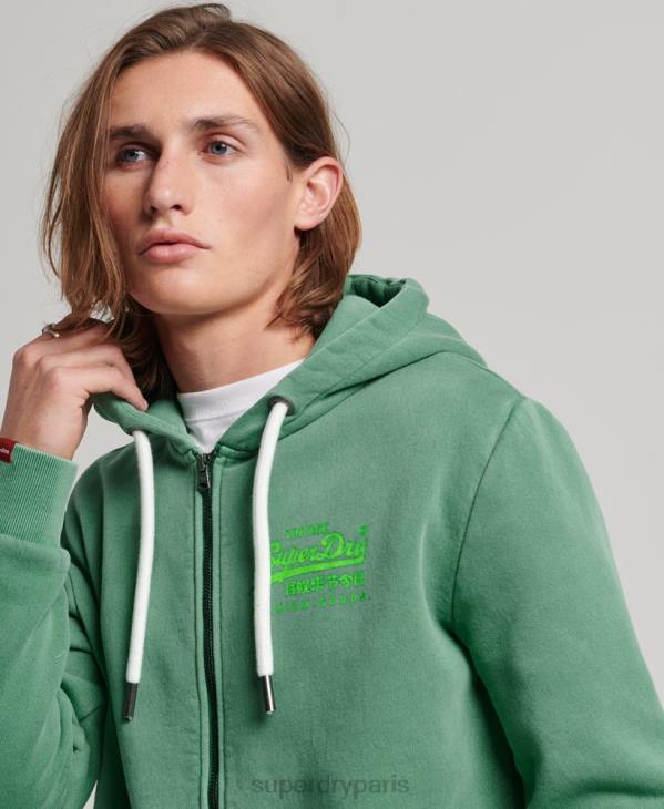 Superdry Hommes sweat à capuche zippé fluo à logo vintage D64Z462 vêtements vert