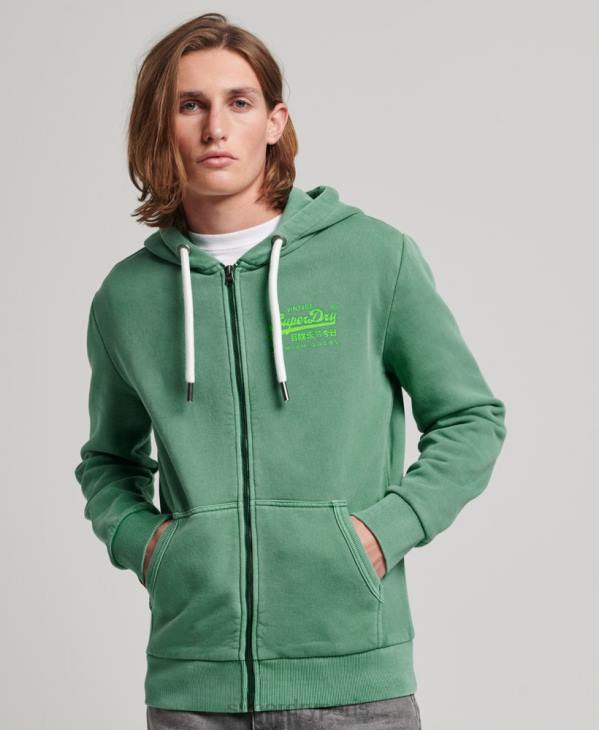 Superdry Hommes sweat à capuche zippé fluo à logo vintage D64Z462 vêtements vert