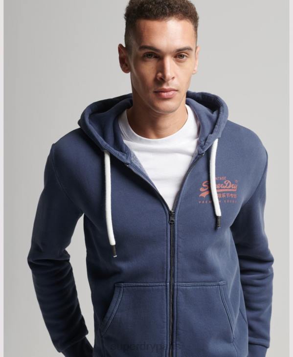 Superdry Hommes sweat à capuche zippé fluo à logo vintage D64Z476 vêtements bleu foncé