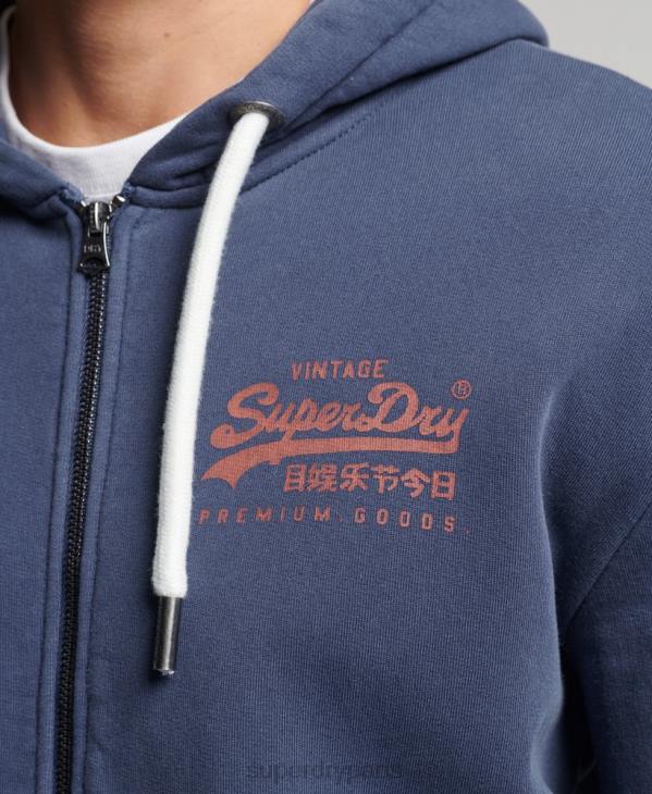 Superdry Hommes sweat à capuche zippé fluo à logo vintage D64Z476 vêtements bleu foncé