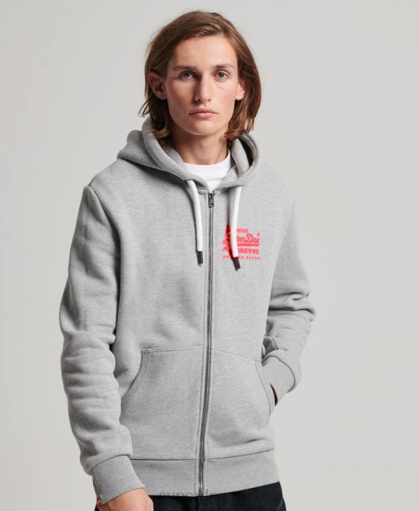 Superdry Hommes sweat à capuche zippé fluo à logo vintage D64Z489 vêtements gris