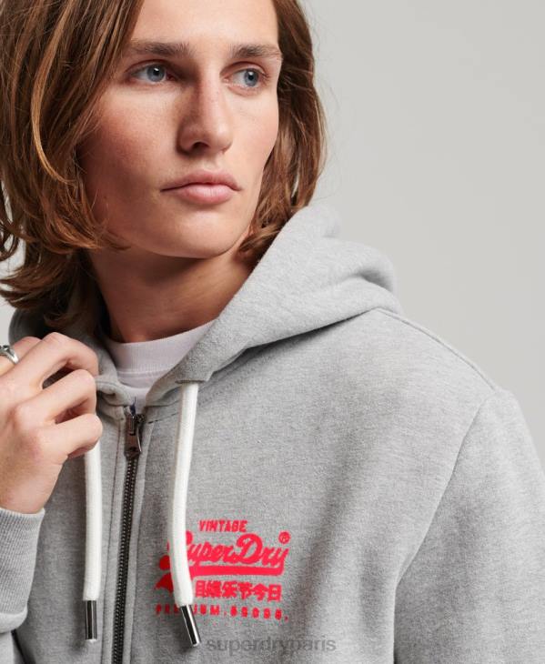 Superdry Hommes sweat à capuche zippé fluo à logo vintage D64Z489 vêtements gris