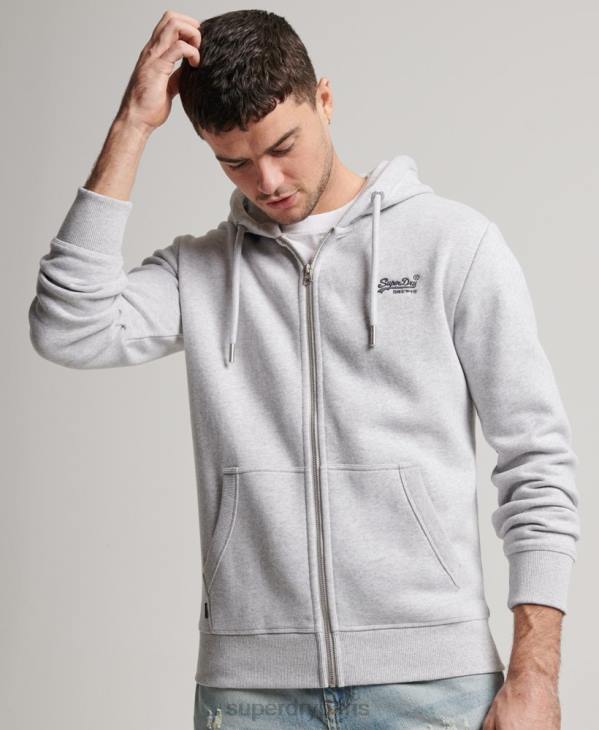 Superdry Hommes sweat à capuche zippé à logo brodé D64Z463 vêtements gris clair