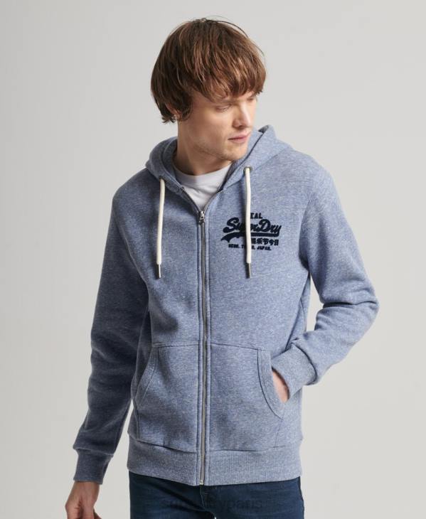 Superdry Hommes sweat à capuche zippé ton sur ton à logo vintage D64Z39 vêtements bleu
