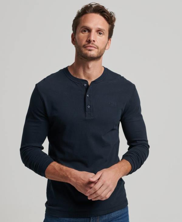 Superdry Hommes haut col tunisien brodé logo vintage en coton bio D64Z1457 vêtements marine