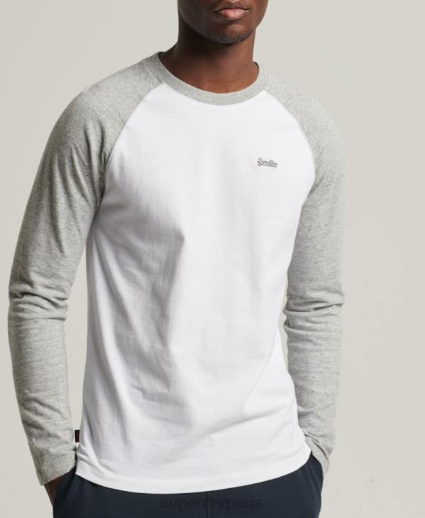 Superdry Hommes haut de baseball essentiel à manches longues en coton biologique D64Z1497 vêtements blanc