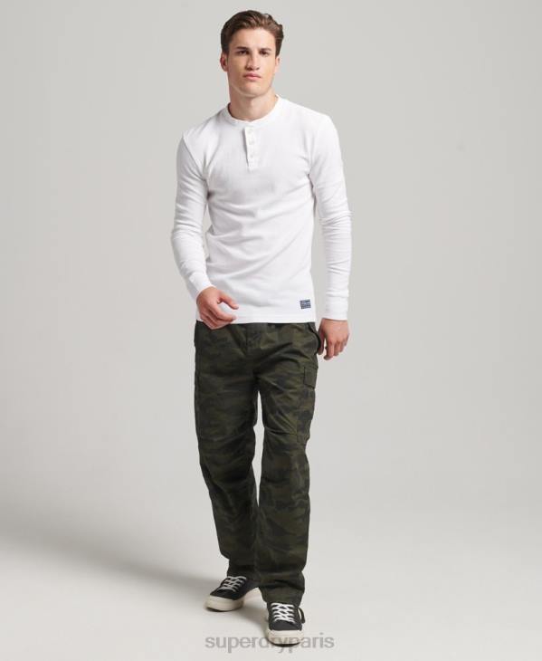 Superdry Hommes haut henley gaufré à manches longues en coton bio D64Z1463 vêtements blanc