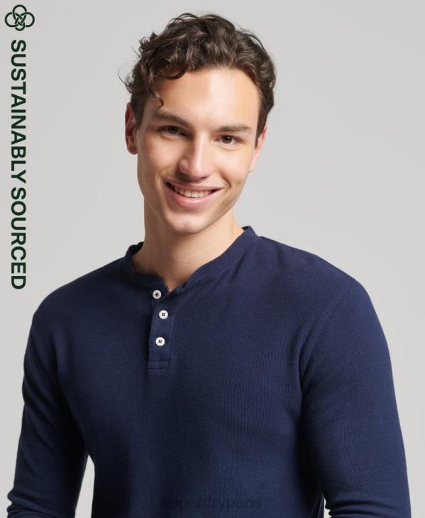 Superdry Hommes haut henley gaufré à manches longues en coton bio D64Z1465 vêtements marine