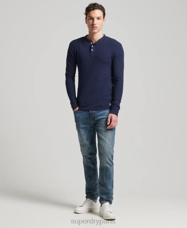 Superdry Hommes haut henley gaufré à manches longues en coton bio D64Z1465 vêtements marine