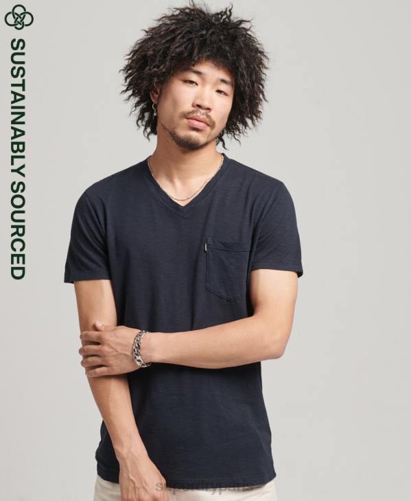 Superdry Hommes t-shirt col v en coton bio à poche flammée D64Z4807 vêtements marine