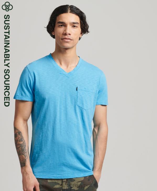 Superdry Hommes t-shirt col v en coton bio à poche flammée D64Z4919 vêtements bleu clair