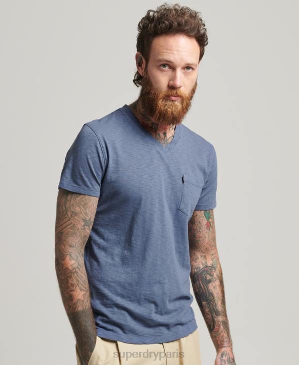 Superdry Hommes t-shirt col v en coton bio à poche flammée D64Z4936 vêtements bleu