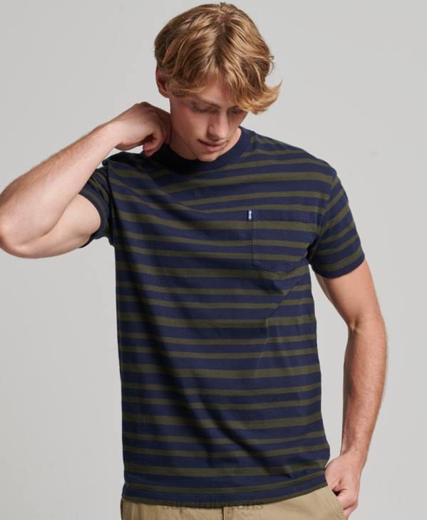 Superdry Hommes t-shirt à rayures logo essentiel en coton biologique D64Z4906 vêtements marine