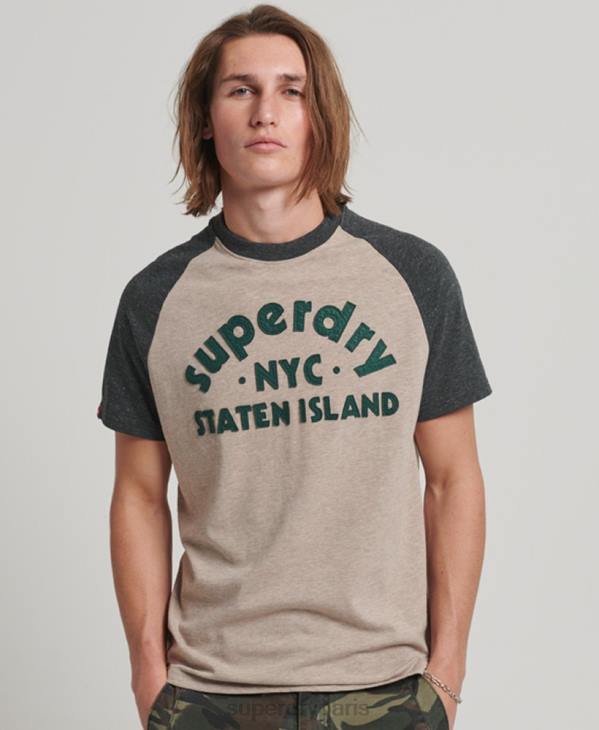 Superdry Hommes t-shirt vintage à raglan avec appliques de grands espaces D64Z5 vêtements beige