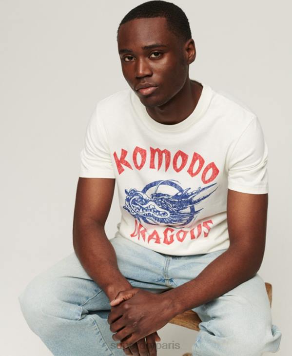 Superdry x Komodo Hommes t-shirt dragon classique D64Z43 vêtements crème