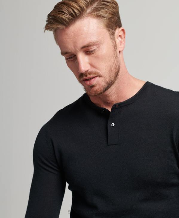 Superdry Hommes haut en maille henley à encolure ras du cou en mérinos D64Z1534 vêtements noir