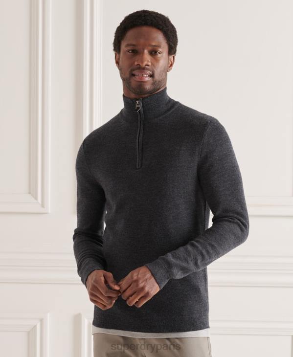 Superdry Hommes pull col boutonné en mérinos D64Z1339 vêtements gris foncé