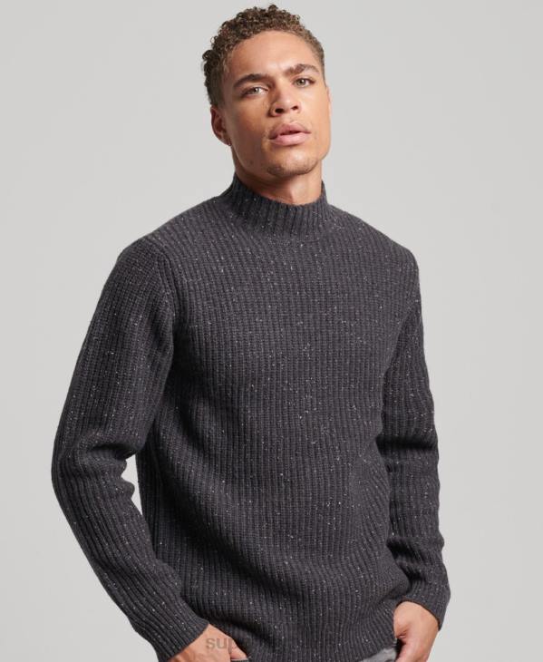 Superdry Hommes pull à col montant en tweed de laine mélangée D64Z1296 vêtements gris foncé