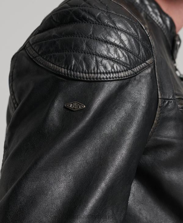 Superdry Hommes blouson moto racer en cuir héritage D64Z906 vêtements noir