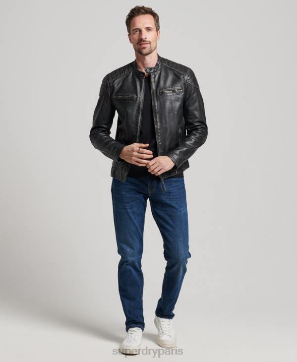 Superdry Hommes blouson moto racer en cuir héritage D64Z906 vêtements noir