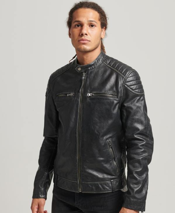 Superdry Hommes veste de moto en cuir D64Z920 vêtements noir